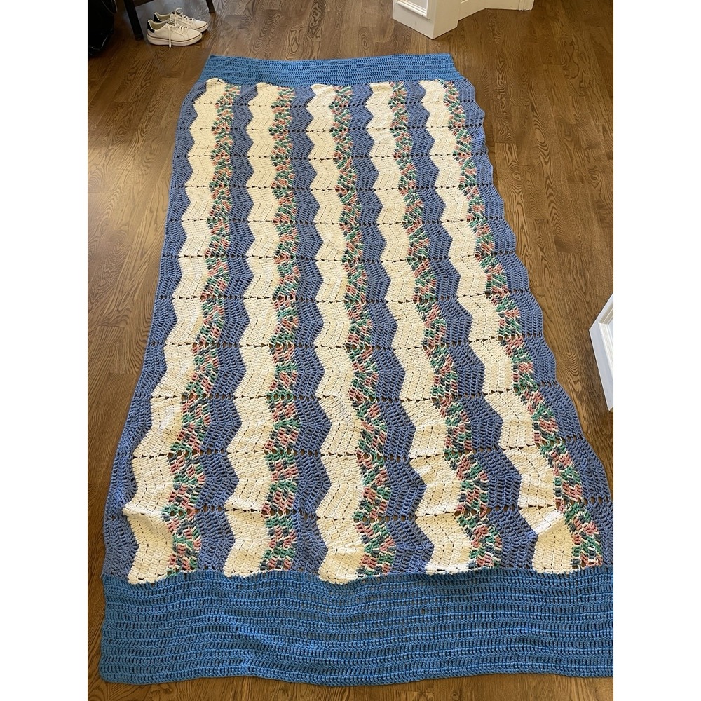 Vtg Crochet Chevron Zig Tablecloth Throw Blanket 116x57" Green White Pink 2 Blue